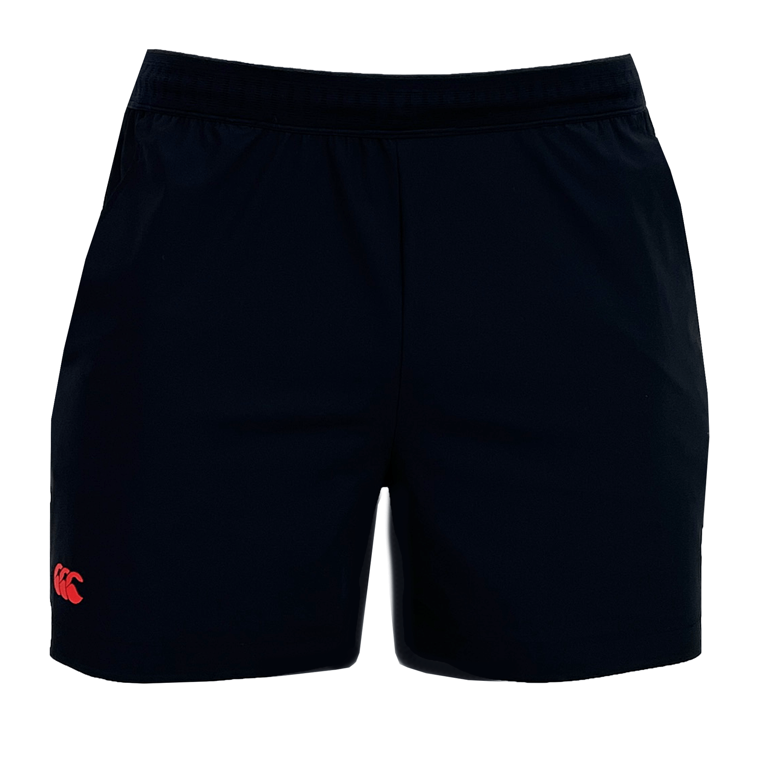 Introducing the Canterbury Everest 5" Woven Short: black athletic shorts featuring a red logo on the lower left side. Made from quick-drying fabric with four-way stretch, they offer optimal movement and comfort during workouts.
