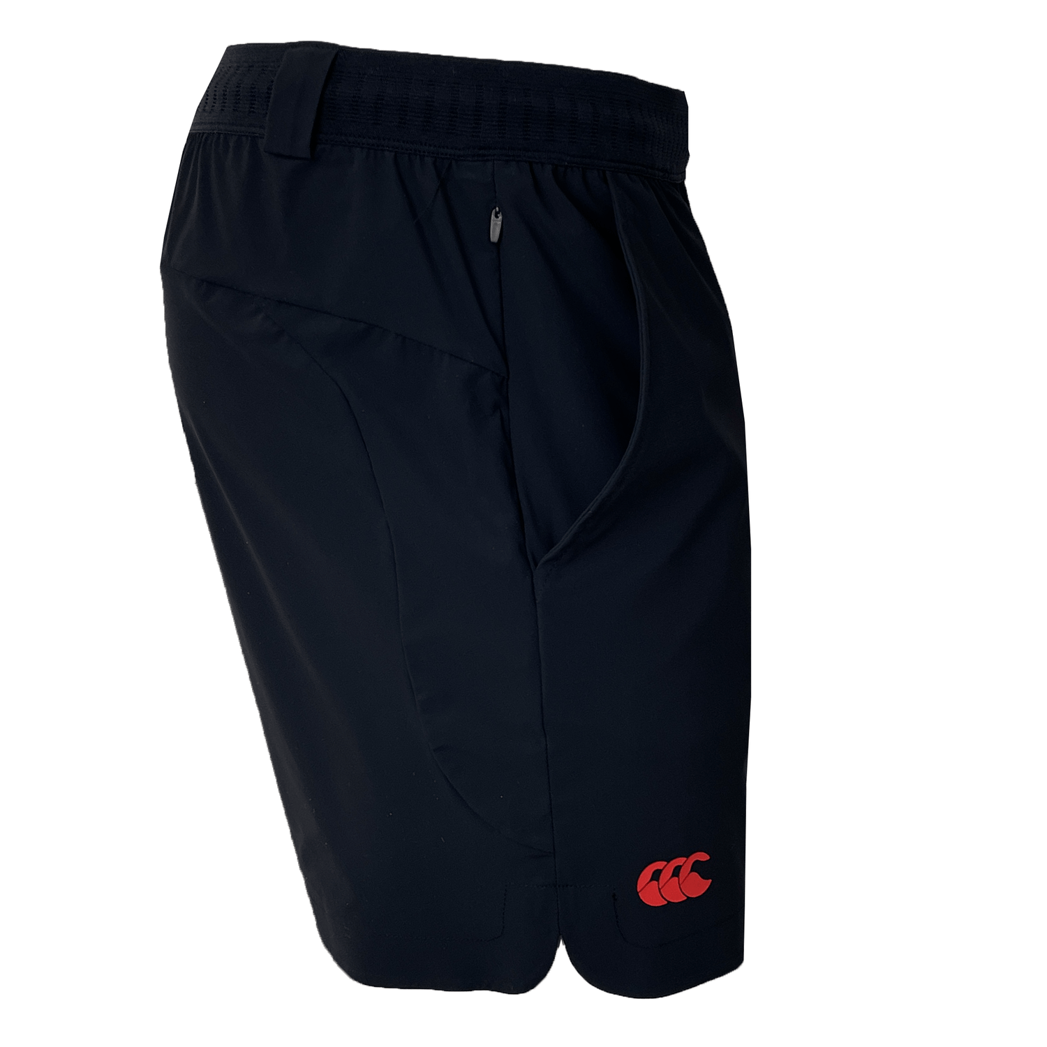 Explore the Canterbury Everest 5" Woven Short, designed with four-way stretch fabric. These black shorts showcase an elastic waistband, quick-dry technology, and a striking red logo on the right leg for a stylish appearance.