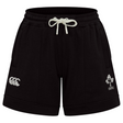 The Women's Ireland 25/26 Knit Short by Canterbury features black athletic design, a white drawstring, the Canterbury logo on the left leg, and an IRFU logo on the right.