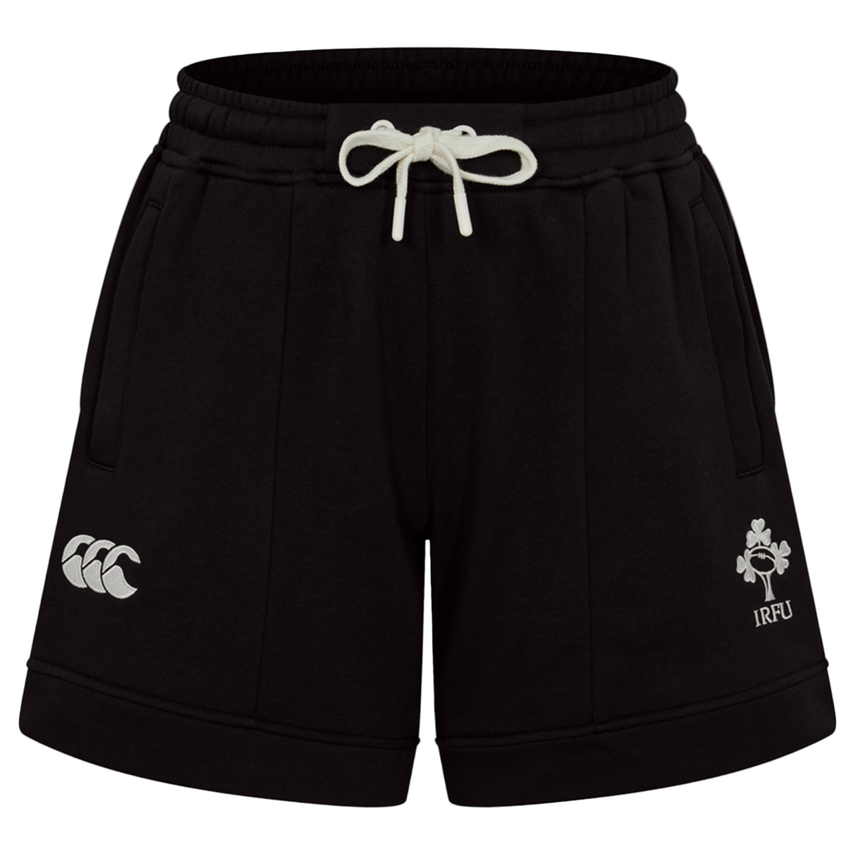 The Women's Ireland 25/26 Knit Short by Canterbury features black athletic design, a white drawstring, the Canterbury logo on the left leg, and an IRFU logo on the right.