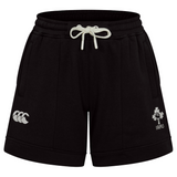 The Women's Ireland 25/26 Knit Short by Canterbury features black athletic design, a white drawstring, the Canterbury logo on the left leg, and an IRFU logo on the right.