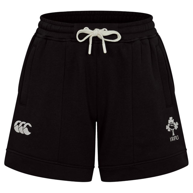 The Women's Ireland 25/26 Knit Short by Canterbury features black athletic design, a white drawstring, the Canterbury logo on the left leg, and an IRFU logo on the right.