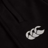 Close-up of the Women's Ireland 25/26 Knit Short by Canterbury, showing a white embroidered triple-shape logo on black fabric. Perfect addition to women's sports shorts collections.