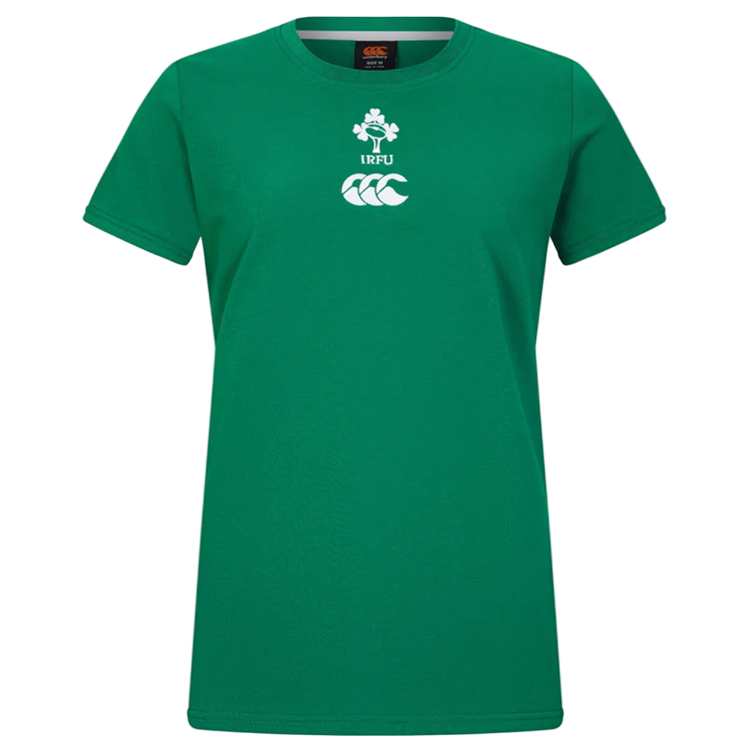 The Women's Ireland 25/26 Cotton Team T-Shirt by Canterbury features short sleeves, cotton fabric, and white IRFU and Canterbury logos on the chest, inspired by the official Ireland women’s team.