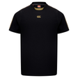 The Canterbury Tempo+ Drill Top is a black short-sleeve rugby shirt featuring a gold chest logo and gold shoulder stitching, shown on a plain white background.