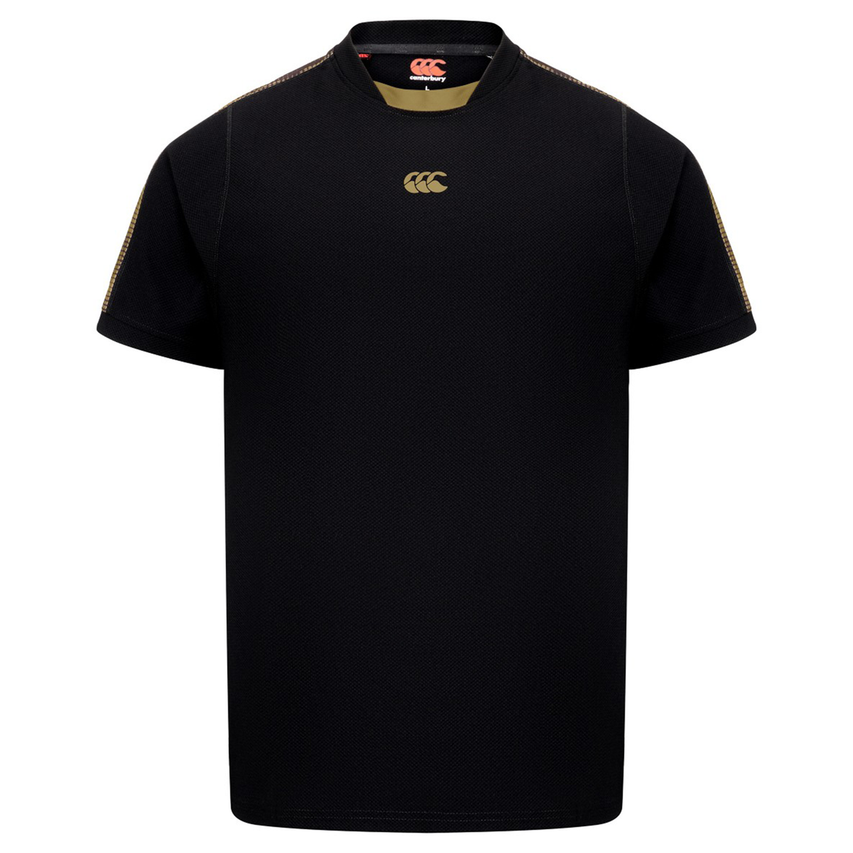 The Canterbury Tempo+ Drill Top is a black short-sleeve rugby shirt featuring a gold chest logo and gold shoulder stitching, shown on a plain white background.