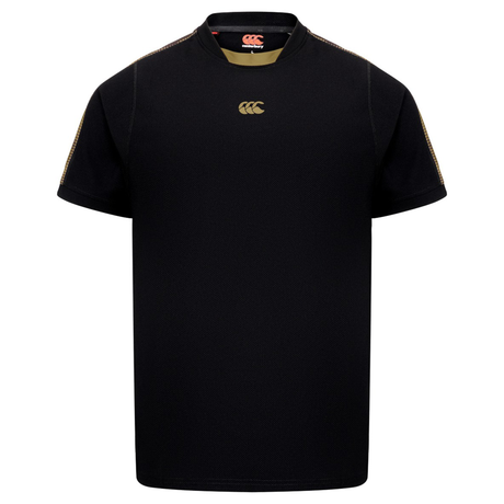 The Canterbury Tempo+ Drill Top is a black short-sleeve rugby shirt featuring a gold chest logo and gold shoulder stitching, shown on a plain white background.