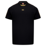 The Canterbury Tempo+ Drill Top is a black short-sleeve rugby shirt featuring a gold chest logo and gold shoulder stitching, shown on a plain white background.