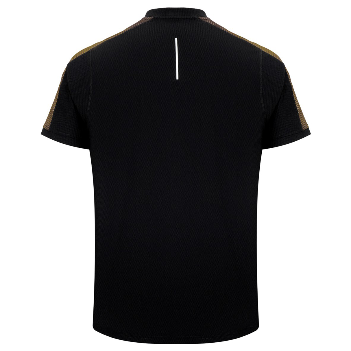Back view of the Canterbury Tempo+ Drill Top: a black, moisture-wicking performance rugby shirt with dark brown shoulder accents and a vertical white collar stripe—perfect for high-intensity training.