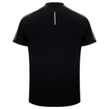 Back view of the Canterbury Tempo+ Drill Top: a black, moisture-wicking performance rugby shirt with dark brown shoulder accents and a vertical white collar stripe—perfect for high-intensity training.
