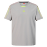 The Canterbury Tempo+ Drill Top is a light grey short-sleeve training top featuring yellow shoulder accents and a small chest logo, made from moisture-wicking fabric to keep you cool and comfortable during workouts.