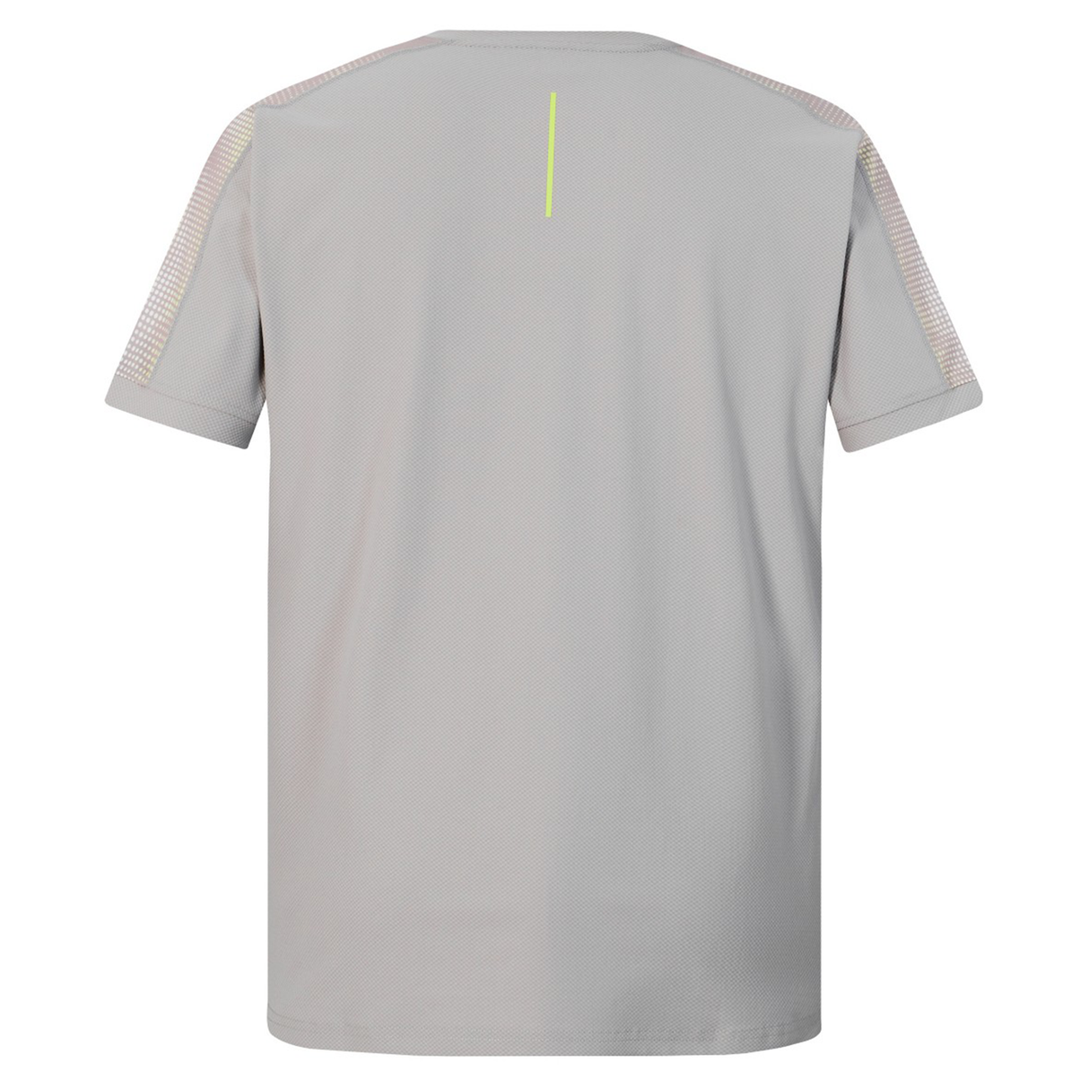 Back view of the Canterbury Tempo+ Drill Top in light gray, featuring short sleeves, mesh shoulder panels, moisture-wicking fabric, and a thin vertical yellow stripe near the collar.