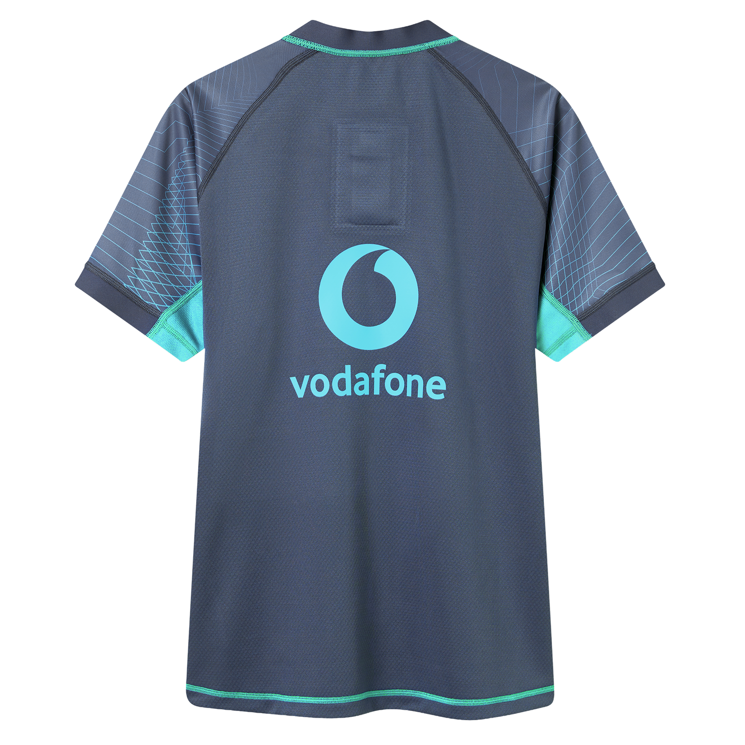 The Ireland 26/27 Summer Tour "Baltic" Training Test Jersey by Canterbury is a short-sleeved dark blue IRFU rugby jersey with light blue and teal accents and the Vodafone logo on the back, crafted in Canterbury’s Test Fit.