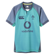 Support Ireland rugby in the Canterbury Ireland 26/27 Summer Tour "Baltic" Training Test Jersey—a short-sleeve teal and gray top with sponsor and team logos, including the Vodafone logo and IRFU crest.