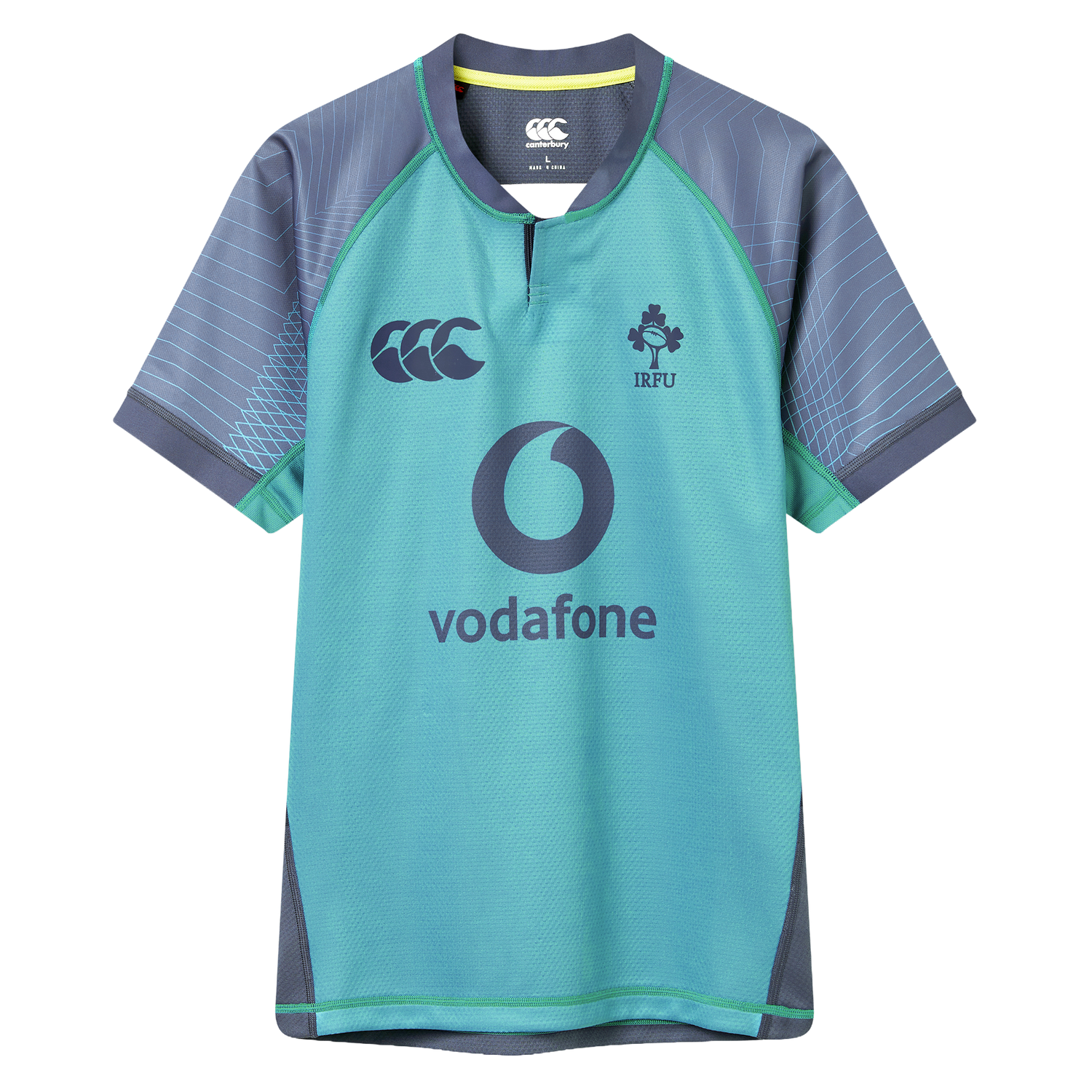 Support Ireland rugby in the Canterbury Ireland 26/27 Summer Tour "Baltic" Training Test Jersey—a short-sleeve teal and gray top with sponsor and team logos, including the Vodafone logo and IRFU crest.