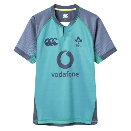 Support Ireland rugby in the Canterbury Ireland 26/27 Summer Tour "Baltic" Training Test Jersey—a short-sleeve teal and gray top with sponsor and team logos, including the Vodafone logo and IRFU crest.