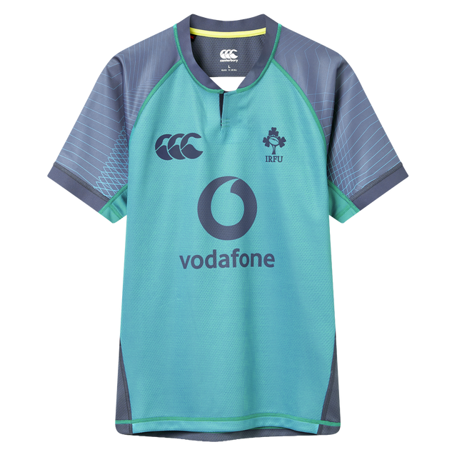 Support Ireland rugby in the Canterbury Ireland 26/27 Summer Tour "Baltic" Training Test Jersey—a short-sleeve teal and gray top with sponsor and team logos, including the Vodafone logo and IRFU crest.