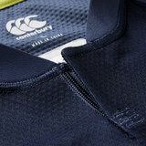 Close-up of the Ireland 26/27 Summer Tour "Indigo" Training Test Jersey by Canterbury, highlighting the collar, neckline stitching, and inner logo label—perfect for fans wanting that authentic Summer Tour style.
