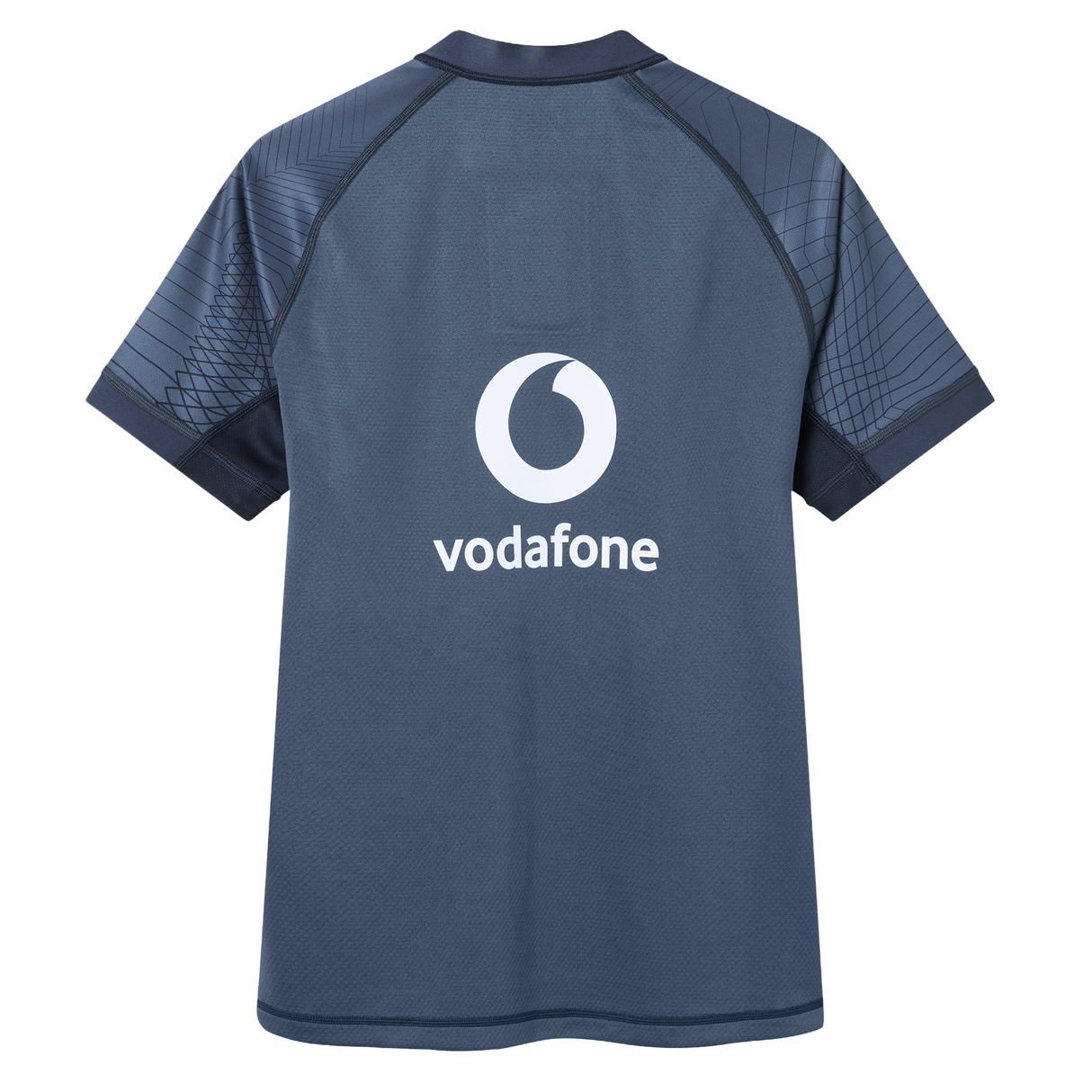Back view of the Ireland 26/27 Summer Tour "Indigo" Training Test Jersey by Canterbury in navy blue, featuring a white Vodafone logo and abstract dark sleeve patterns, designed for IRFU by Canterbury.