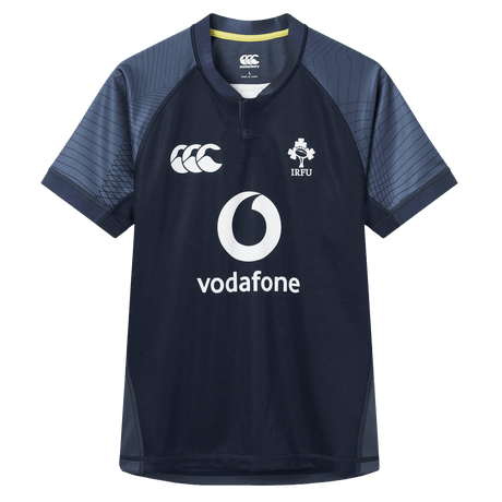 Show your support for Ireland this summer with the Canterbury Ireland 26/27 Summer Tour "Indigo" Training Test Jersey, featuring the IRFU crest, Vodafone logo, and Canterbury branding—ideal for training or cheering on the team.