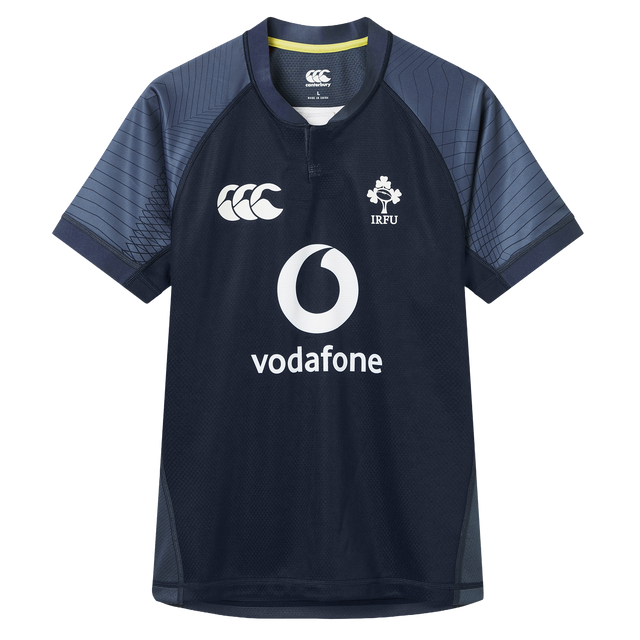 Show your support for Ireland this summer with the Canterbury Ireland 26/27 Summer Tour "Indigo" Training Test Jersey, featuring the IRFU crest, Vodafone logo, and Canterbury branding—ideal for training or cheering on the team.