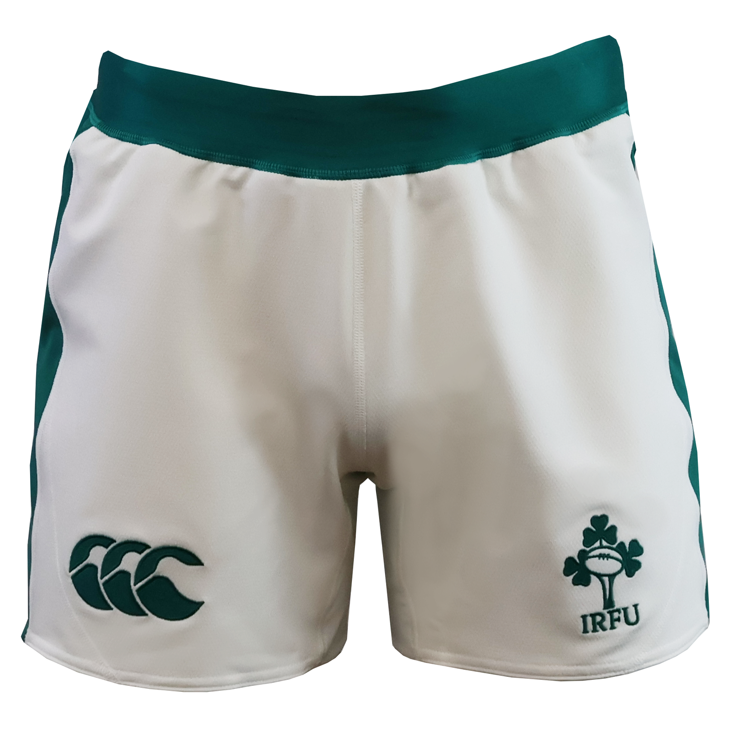 The Ireland 25/26 Home Match Short by Canterbury features a green waistband and side accents, with Canterbury’s logo on the left leg and the IRFU emblem on the right—perfect for devoted Ireland rugby fans.