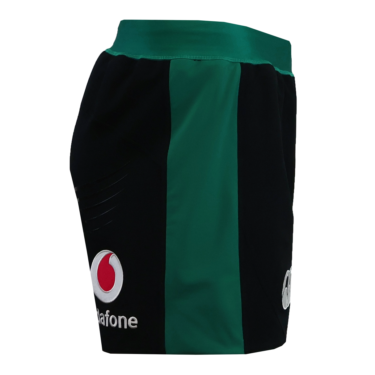 The Ireland 25/26 Alternate Match Short by Canterbury features black and green colors with Vodafone logos on the left front and right side, shown from a side angle—ideal for top-level rugby performance.