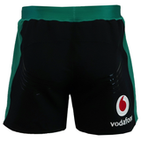 The Ireland 25/26 Alternate Match Short by Canterbury features a black and green design with a Vodafone logo on the lower right back—perfect for fans of Ireland rugby shorts.