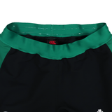 Close-up of the waistband on the Ireland 25/26 Alternate Match Short by Canterbury, black and green with a red Canterbury logo on the inner waistband.