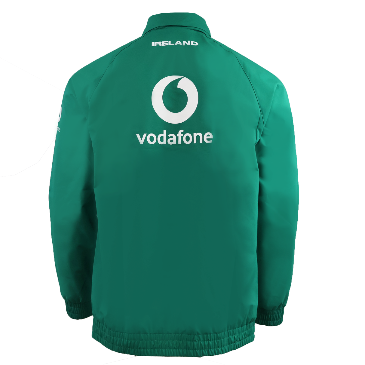 The Ireland 25/26 Anthem Jacket by Canterbury features "vodafone" and the logo in white on the back, "IRELAND" on the collar, and VapoShield technology for weather protection.