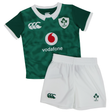 Dress your little fan in the Infant Ireland 25/26 Home Kit Pack by Canterbury, featuring a green rugby jersey with white trim, sponsor logos, matching white shorts with the Ireland crest and Canterbury branding.