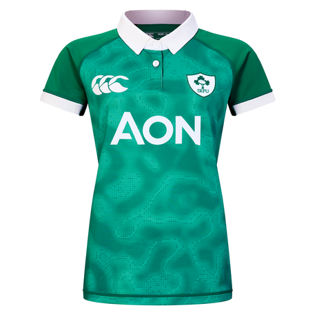 Show your support with the Women's Ireland WIRFU 25/26 Pro Home Jersey by Canterbury, featuring a classic green design with white collar and cuffs, IRFU crest, AON sponsor, and Canterbury logo—ideal for dedicated rugby fans.