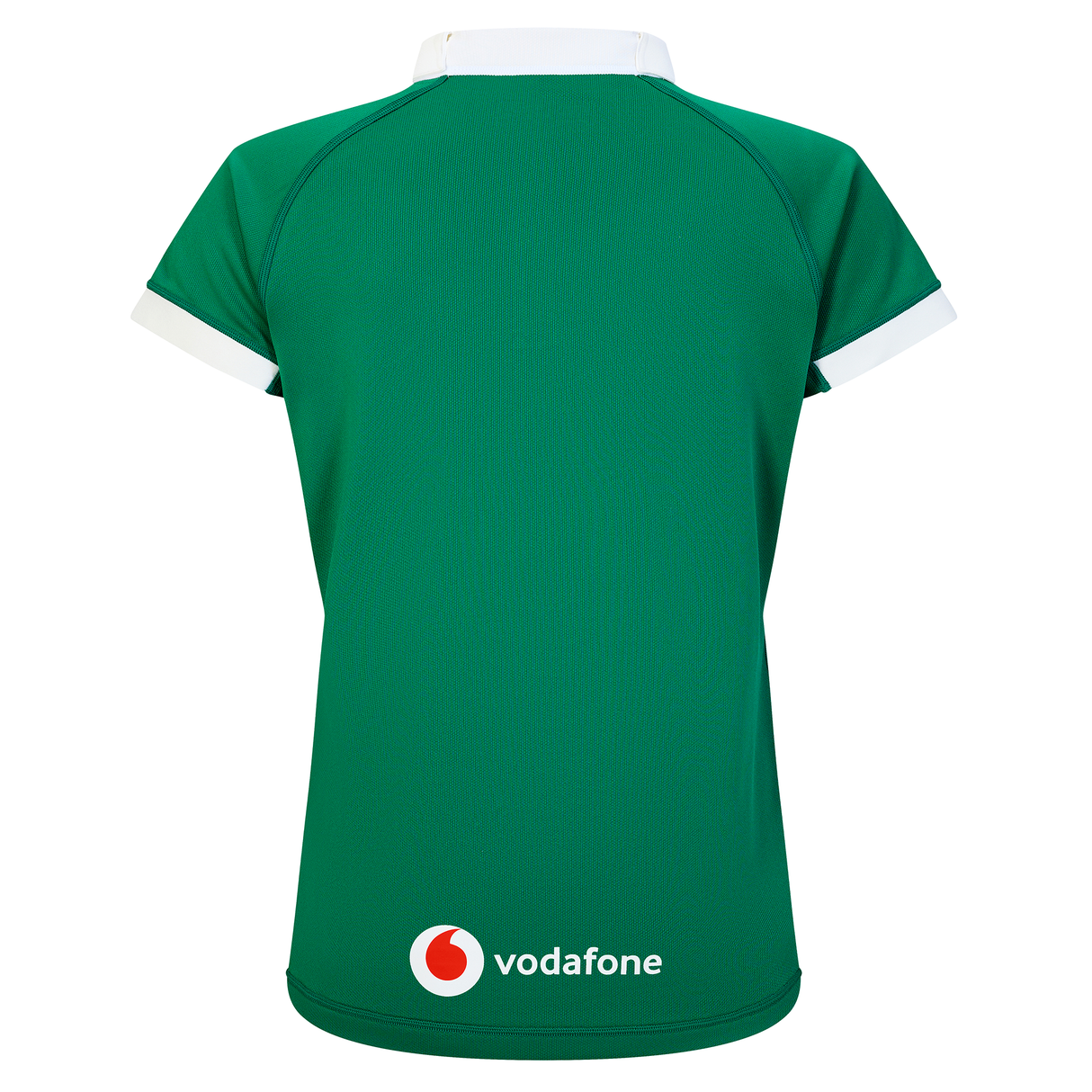The Women's Ireland WIRFU 25/26 Pro Home Jersey by Canterbury is a green short-sleeve jersey with white collar and sleeve trim, featuring a Vodafone logo on the lower back.