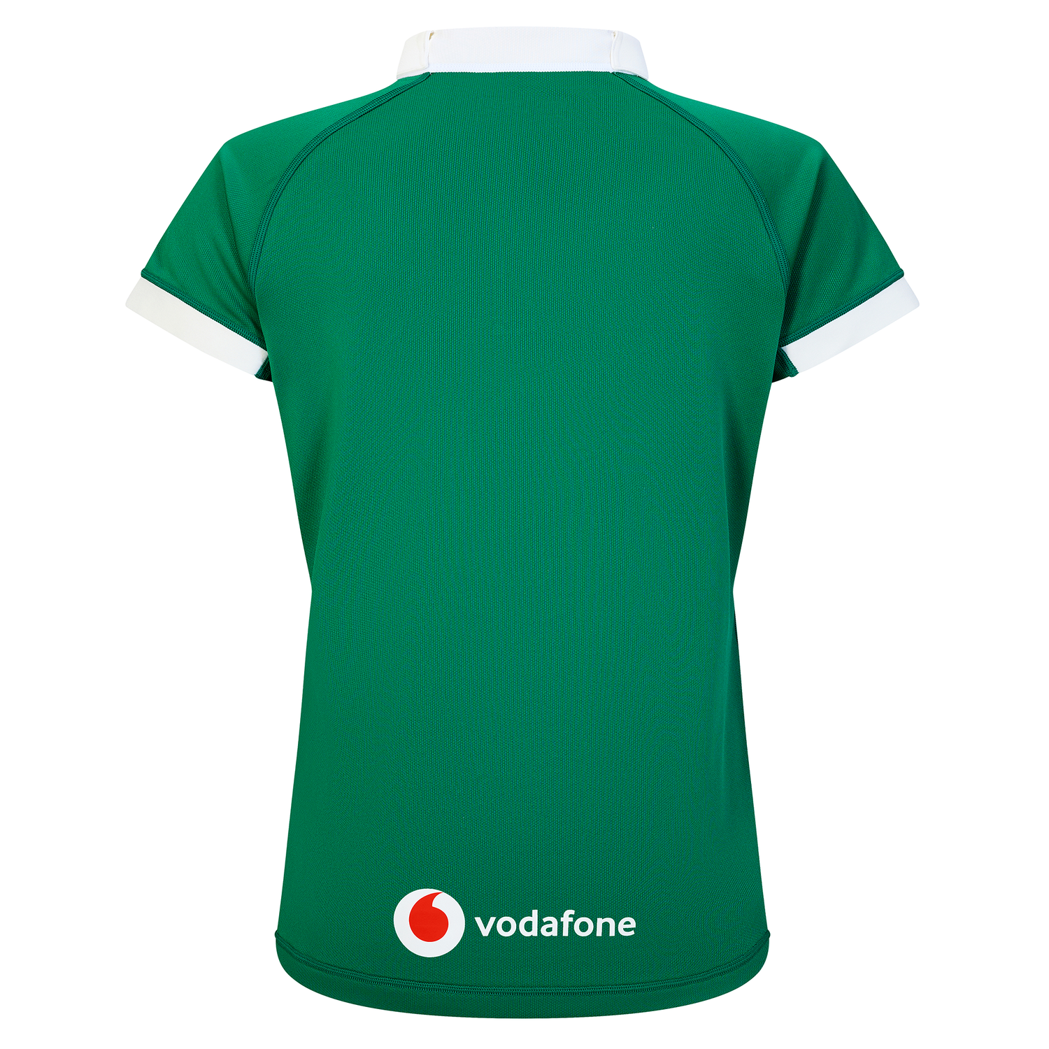 The Women's Ireland WIRFU 25/26 Pro Home Jersey by Canterbury is a green short-sleeve jersey with white collar and sleeve trim, featuring a Vodafone logo on the lower back.