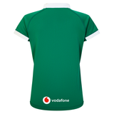 The Women's Ireland WIRFU 25/26 Pro Home Jersey by Canterbury is a green short-sleeve jersey with white collar and sleeve trim, featuring a Vodafone logo on the lower back.