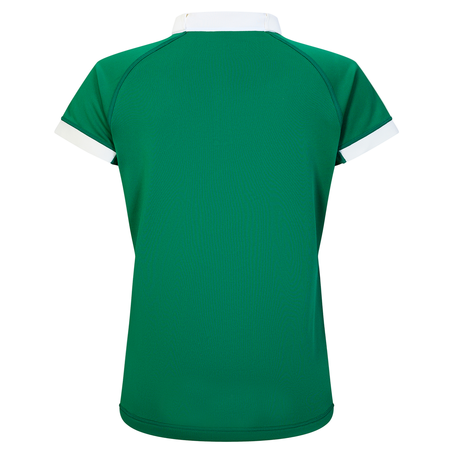 Back view of the Women's Ireland 25/26 Home Pro Jersey by Canterbury in green with white trim on the collar and sleeve cuffs, shown against a plain white background.