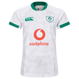 The Women's Ireland 25/26 Alternate Pro Jersey by Canterbury is a white rugby jersey with green accents, featuring the IRFU logo, Canterbury branding, and a red Vodafone sponsor on the front.