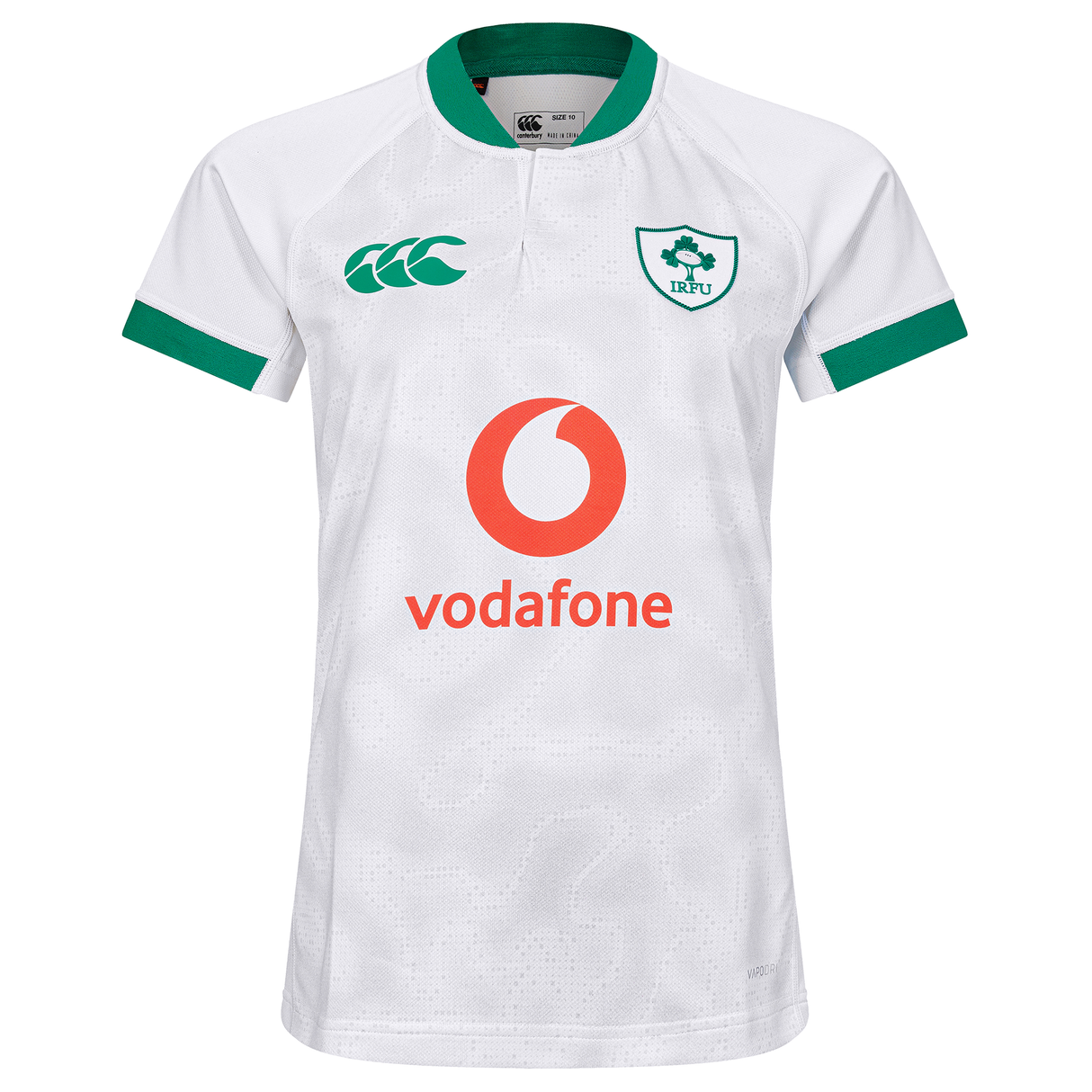 The Women's Ireland 25/26 Alternate Pro Jersey by Canterbury is a white rugby jersey with green accents, featuring the IRFU logo, Canterbury branding, and a red Vodafone sponsor on the front.