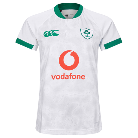 The Women's Ireland 25/26 Alternate Pro Jersey by Canterbury is a white rugby jersey with green accents, featuring the IRFU logo, Canterbury branding, and a red Vodafone sponsor on the front.