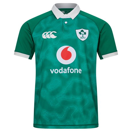 The Ireland 25/26 Home Pro Jersey by Canterbury features the iconic white collar and official logos—an authentic Irish Rugby jersey by Canterbury, ideal for dedicated fans and collectors.