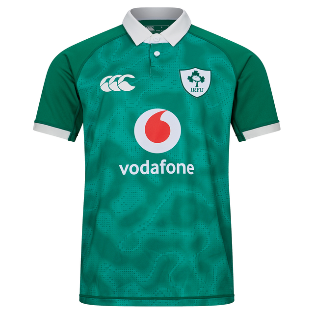 The Ireland 25/26 Home Pro Jersey by Canterbury features the iconic white collar and official logos—an authentic Irish Rugby jersey by Canterbury, ideal for dedicated fans and collectors.