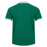 The Ireland 25/26 Home Pro Jersey by Canterbury is a green short-sleeve rugby shirt with a white collar and sleeve trim, shown from the back.