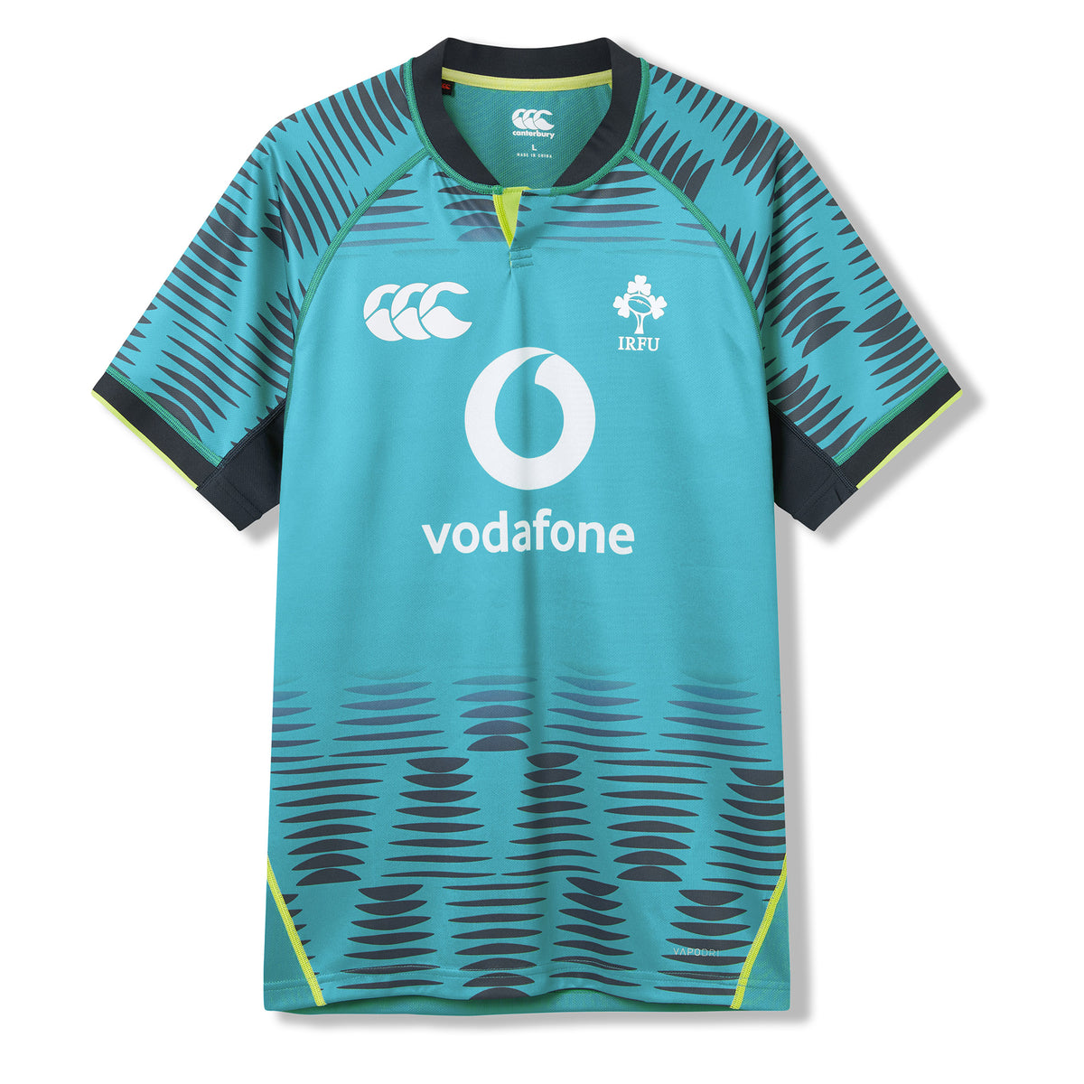 The Ireland 26 Pre Game Pro Jersey by Canterbury features a striking teal design with black and lime accents, showcasing the Vodafone sponsor logo, IRFU crest, and Canterbury branding on the front. Engineered with high-performance moisture-wicking technology for optimal comfort, this official Canterbury sports jersey is perfect as the Ireland Pre Game Pro Jersey.