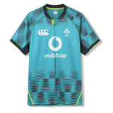 The Ireland 26 Pre Game Pro Jersey by Canterbury features a striking teal design with black and lime accents, showcasing the Vodafone sponsor logo, IRFU crest, and Canterbury branding on the front. Engineered with high-performance moisture-wicking technology for optimal comfort, this official Canterbury sports jersey is perfect as the Ireland Pre Game Pro Jersey.