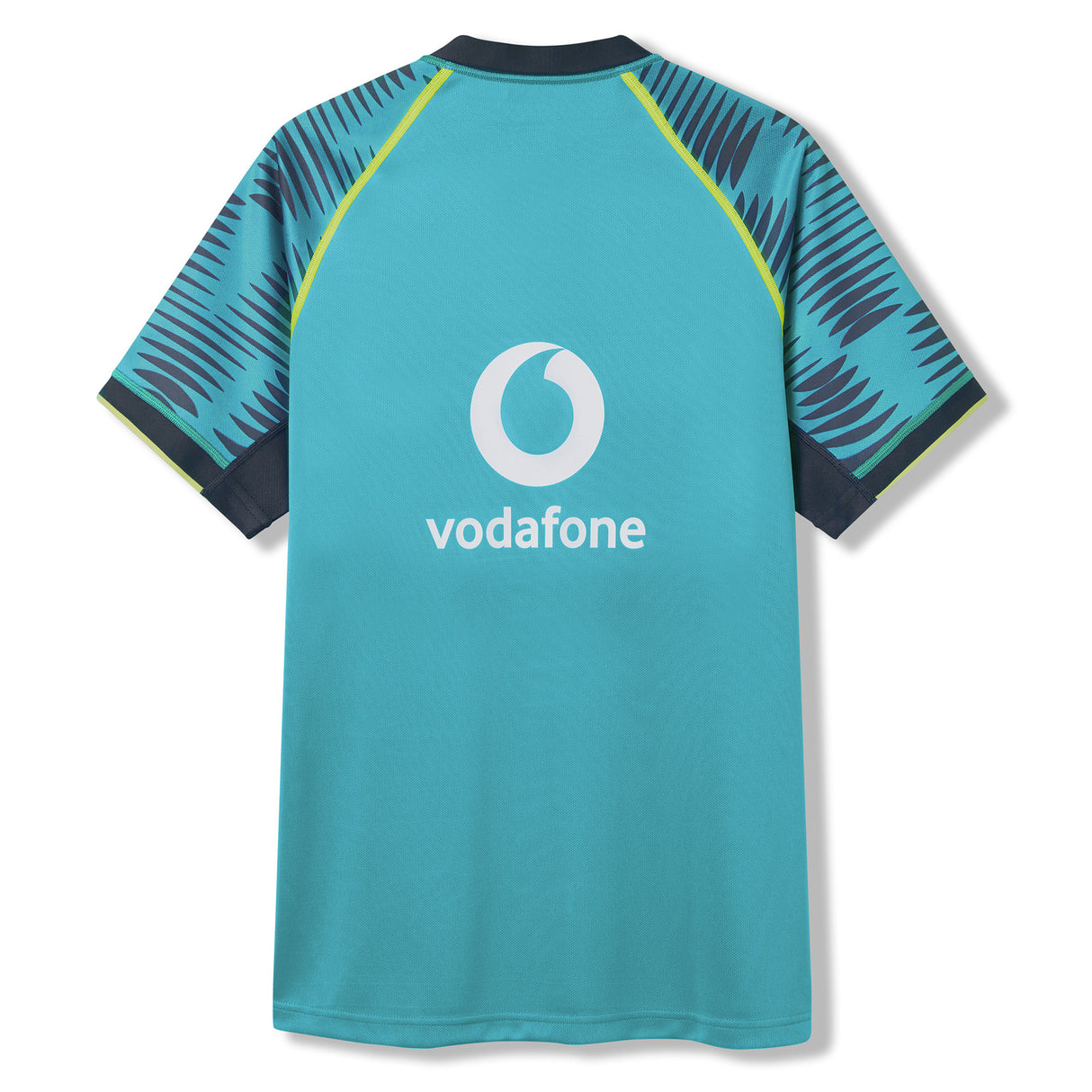 Back view of the Ireland 26 Pre Game Pro Jersey by Canterbury in teal, showcasing a central Vodafone logo and dark blue, striped raglan sleeves with neon yellow accents. This Canterbury sports jersey is crafted with moisture-wicking technology to keep you comfortable during intense training sessions.