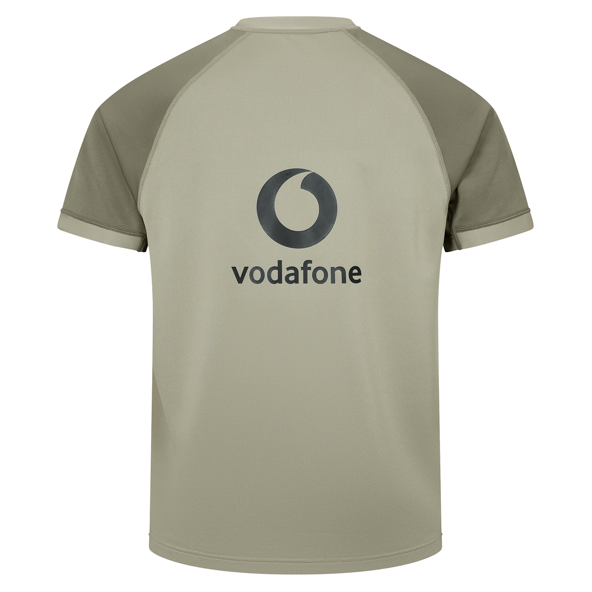 The Ireland 25/26 Autumn Internationals Pro Training Jersey by Canterbury is a khaki short-sleeve raglan shirt styled like an Ireland rugby jersey, featuring the Vodafone logo and text on the back.