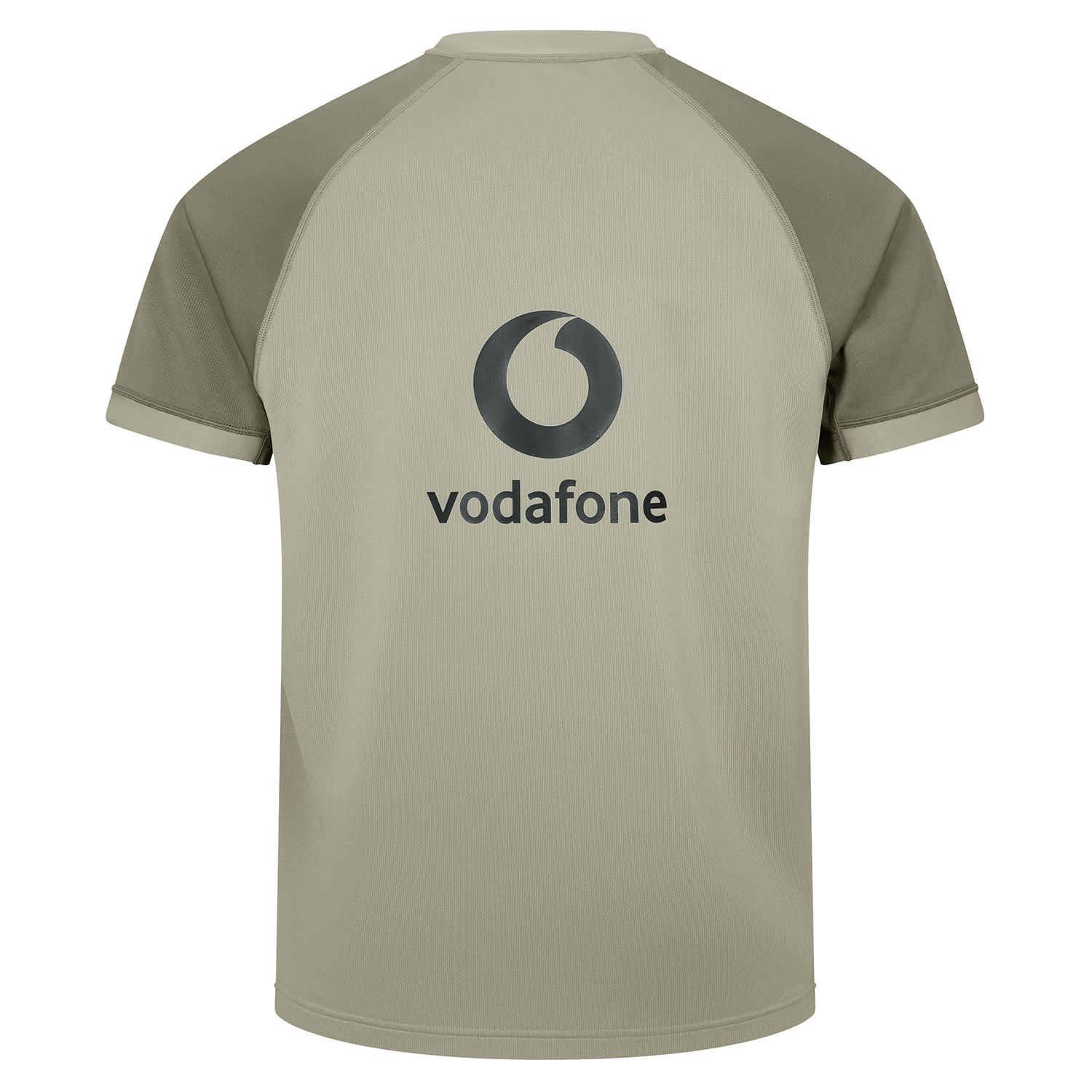 The Ireland 25/26 Autumn Internationals Pro Training Jersey by Canterbury is a khaki short-sleeve raglan shirt styled like an Ireland rugby jersey, featuring the Vodafone logo and text on the back.