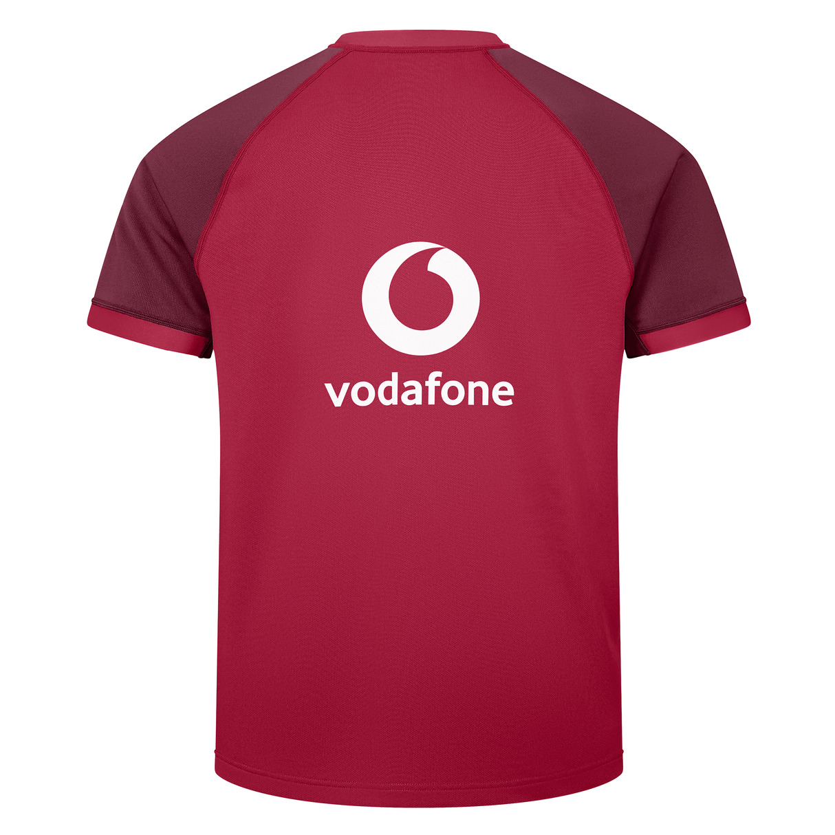 Back view of the red Ireland 25/26 Autumn Internationals Pro Training Jersey by Canterbury, featuring a white Vodafone logo and text on the upper center, inspired by the Ireland rugby jersey for the Autumn Internationals.