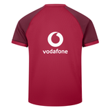 Back view of the red Ireland 25/26 Autumn Internationals Pro Training Jersey by Canterbury, featuring a white Vodafone logo and text on the upper center, inspired by the Ireland rugby jersey for the Autumn Internationals.