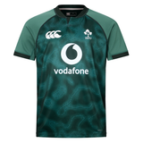 The Ireland 25/26 Six Nations Pro Training Jersey by Canterbury features black accents, Vapodri technology for comfort, the Canterbury logo, IRFU emblem, and Vodafone sponsor on the front.